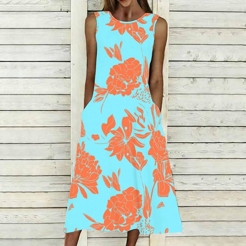 Women Plus Size Sleeveless Crew Neck Dress Watercolor Floral Printed Loose Midi Dress For Vacation Daily Wear