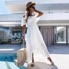Abito Lungo Bianco Bohemien da Donna Manica Corta Scollo a Barca Pizzo Ruffle Ampio Abito Estivo Vacanza Spiaggia Abiti Casual Femminile