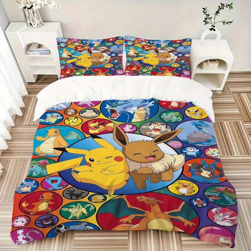 3pcs Eevee Circular & Pokemon Pikachu Quilt Cover Set (1 Quilt Cover + 2 Pillowcases Without Pillow Core), High-Definition Printing for Home and Dormi