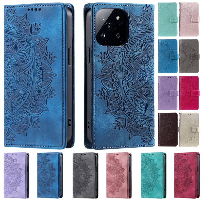 14Pro Totems Case For Xiaomi 14T Pro Capa Leather Flip Coque For Xiaomi 13T Pro 13Lite 13Ultra Redmi 13C 12C Magnetic Phone Case