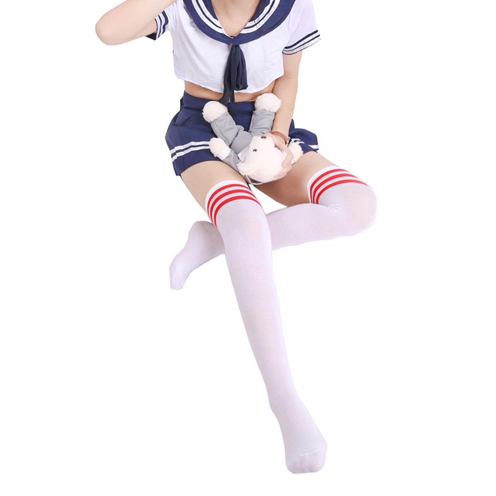 Japanese-style college-style thick cotton black and white striped over-the-knee high socks with three stripes for students