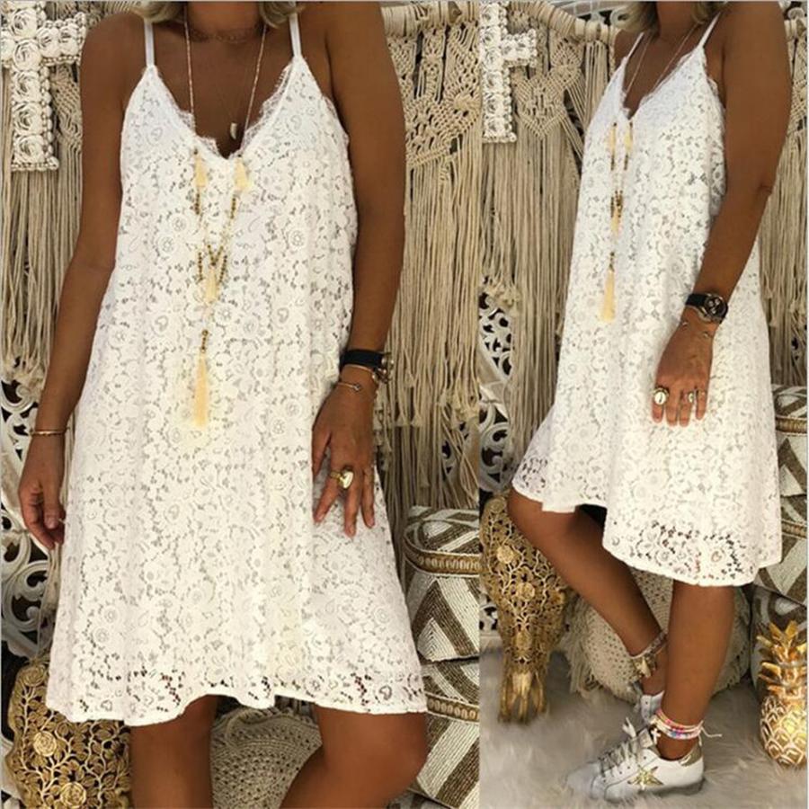 Women s Summer Solid Sleeveless V-Neck Lace Loose Dress S белый