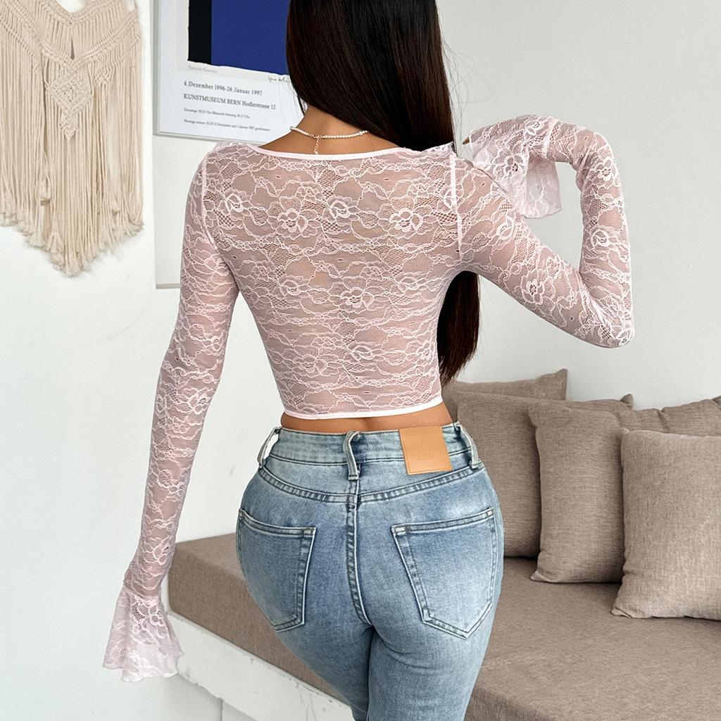 Ladies' Spring Slim Fit Elastic Lace Steel Ring Fishbone Top