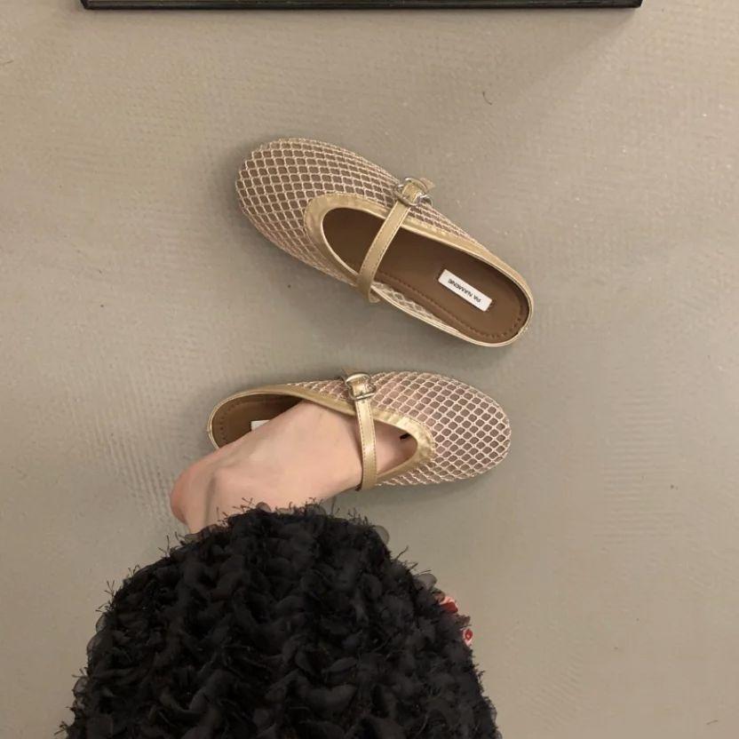 Fashion Bailamos Fashionable Mesh Women's Slipper Ballet Mary Jane Shoes Summer Walking Shoes Round Toe Buckle Flats Mujer
