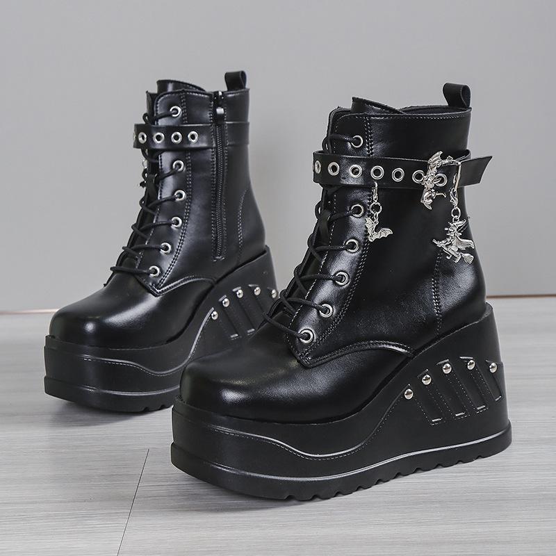 Autumn  Thick Soled Slope Heel Boots Outdoor Non Slip Shoe New Gothic Casual Women's Shoes  Fashion Comfortable Rivet Boot