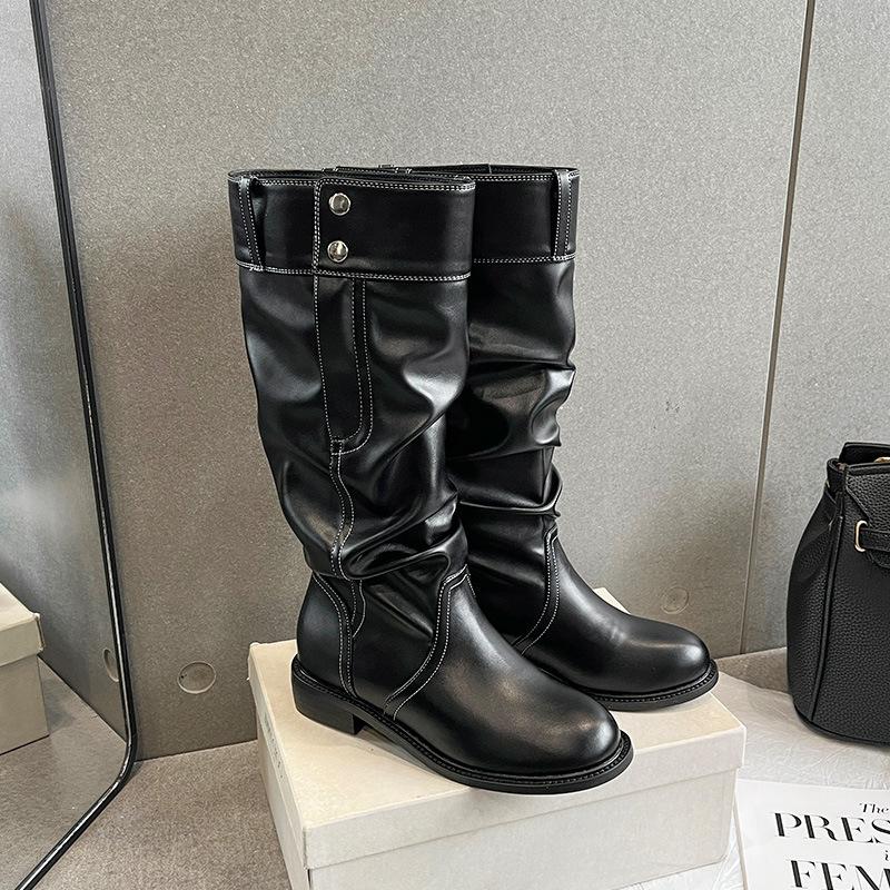 Version peau de mouton~ bottes plissées à tige haute, tempérament mode pour femmes, boucle de ceinture polyvalentes mais bottes genou