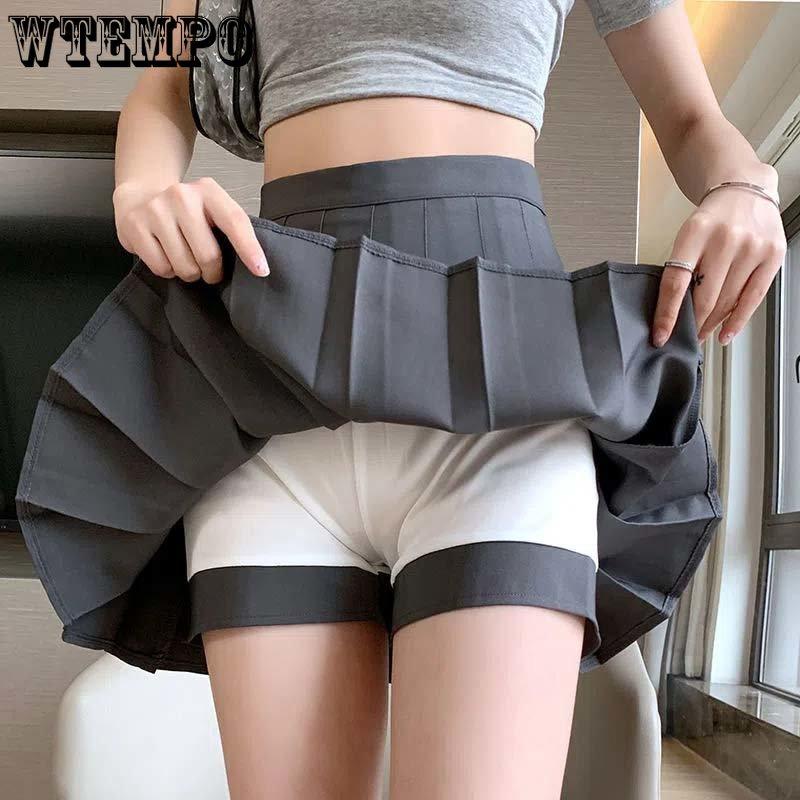 Pleated Skirt A-line High Waist Women Back Zipper Built-in Anti-light Safety Pants Slim Black Grey Hotswet Preppy Style Casual