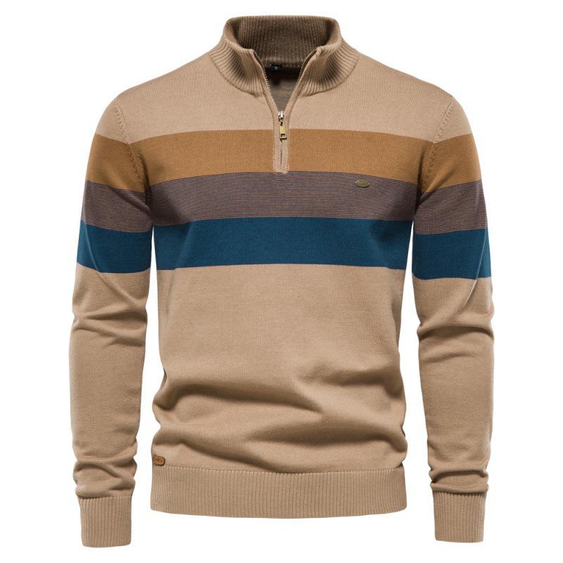 Men s Khaki Green Patchwork Stripe Half-Zip Knit Sweater L