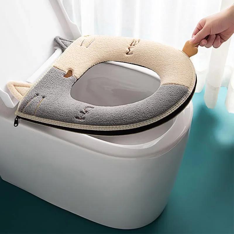 Toilet Seat Cover Universal Closestool Mat with Handle Double Color Cute Cat-shape Pad Toilet Seat Cover Bathroom Accessories