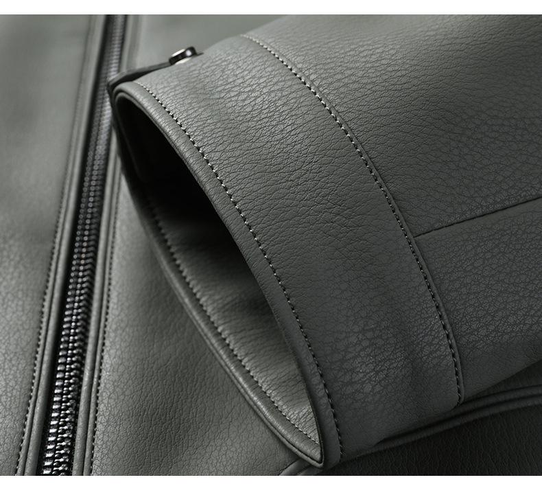 Pánská kožená bunda z ovčí kůže s límečkem pro střední věk - Neformální motorkářské svrchní oblečení ve stylu "táta" s podšívkou z plyše