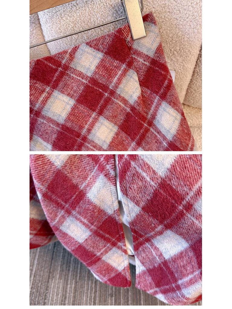 Plus Size Retro Red Plaid Woolen High Waist Slimming Mid-Length Skirt for Autumn/Winter.