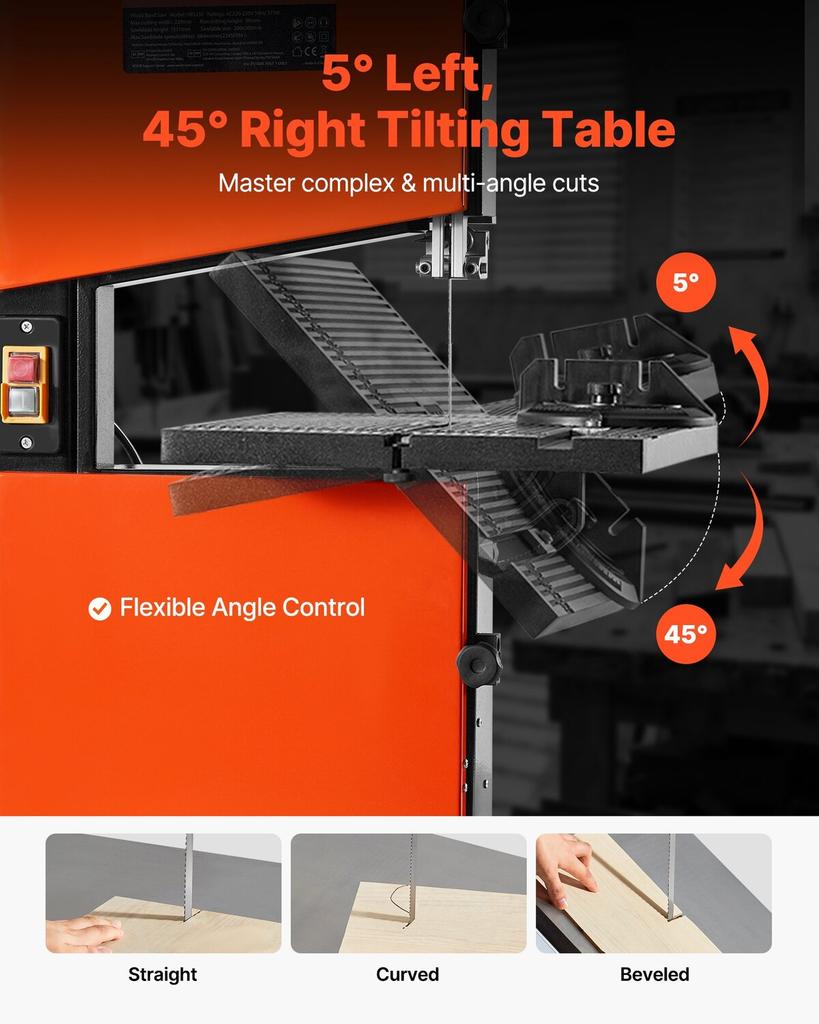 Band Saw, 229 mm, Woodworking Benchtop Bandsaw with 373W 1/2 HP Motor, 90 mm Max Cutting Height, 300 x 300 mm Cast Aluminum Table, 0-45° Tilting