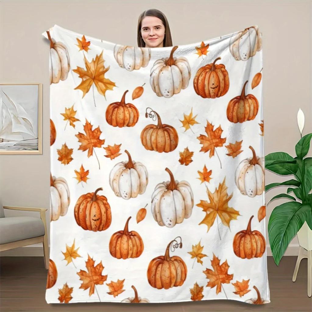 Erntedank-Kuscheldecke – Gemütlicher Kürbis, Truthahn & Herbstlaub mit „Thanksgiving“-Text, für Sofa, Bett, Herbst-Wohnkultur