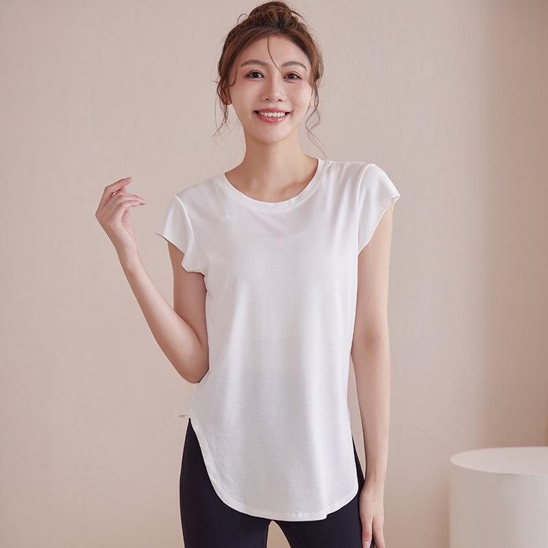 

Женский утягивающий топ для йоги с красивым изогнутым подолом, дышащая спортивная футболка, летний топ для фитнеса с коротким рукавом L белый