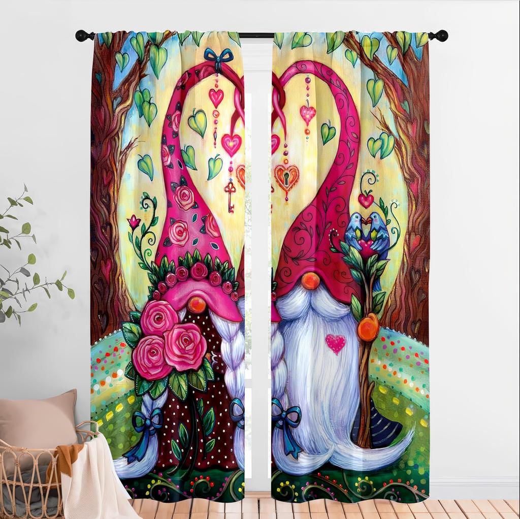 2pcs Vibrant Love Gnome & Rose Curtains, Ideal for Valentine's Day Window Decor, Whimsical Home Bedroom Living Room Decor