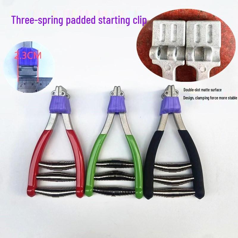 Manual Badminton & Tennis Racket Stringing Machine with Starting Clamp, String Blocking Pliers, and Pressure Reducing Pad.