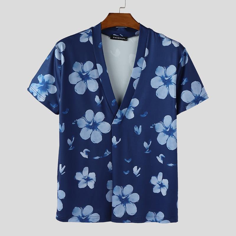 

INCERUN Summer Men V Collar Short Sleeve Floral Print Casual Shirts Tops 5XL синий