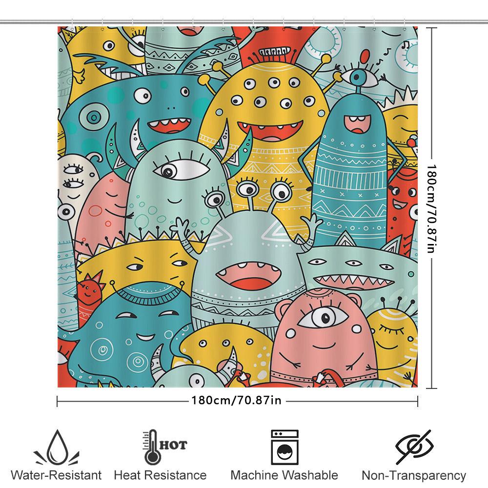 Brightly Colored Monsters Shower Curtain Set For Bathroom Decor Multicolor Cartoon Print Waterproof Fabric With Hooks (Blue)