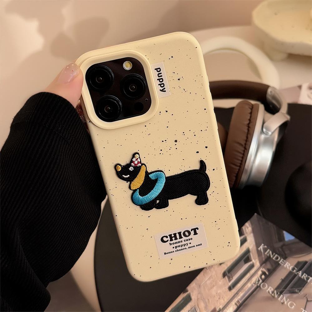 Cute Embroidered Dachshund Dog 17pro Max Apple 16 Mobile Phone Case Three Dimensional Silicone Iphone14 Suitable for 13
