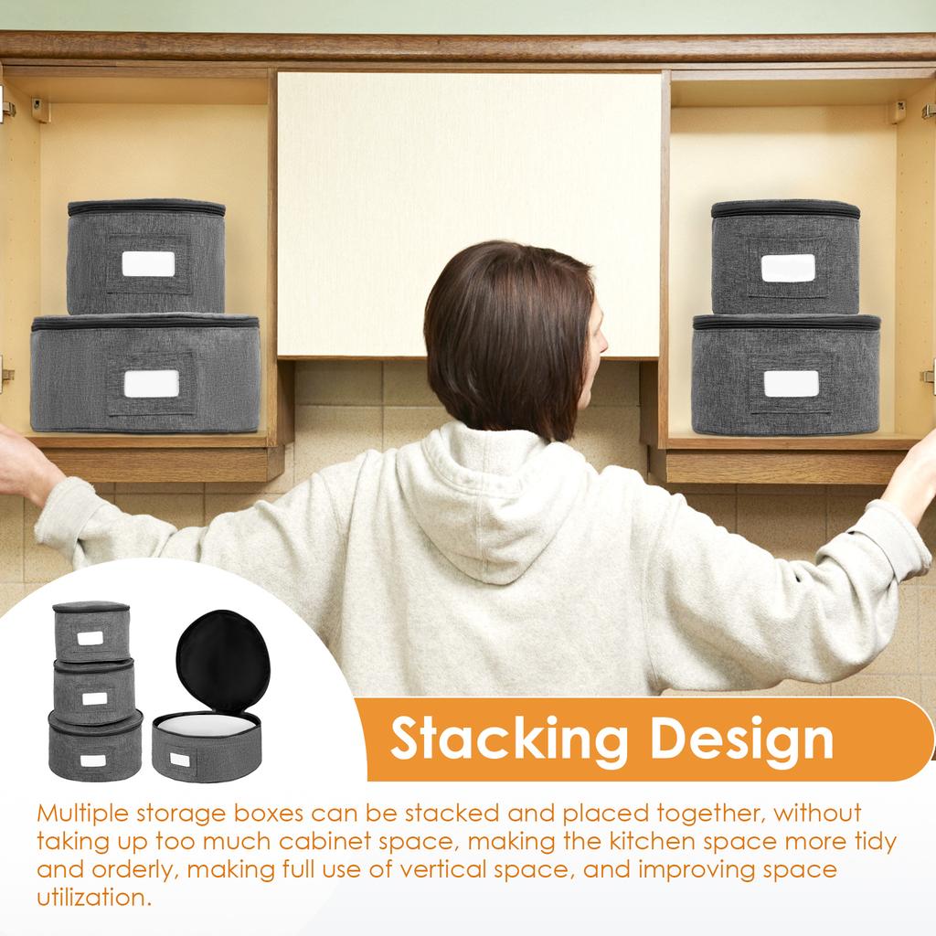 4Pcs Stackable Dish Storage Container with Felt Dividers Handle China Storage Containers for Dishes Plates Kitchen for Plates