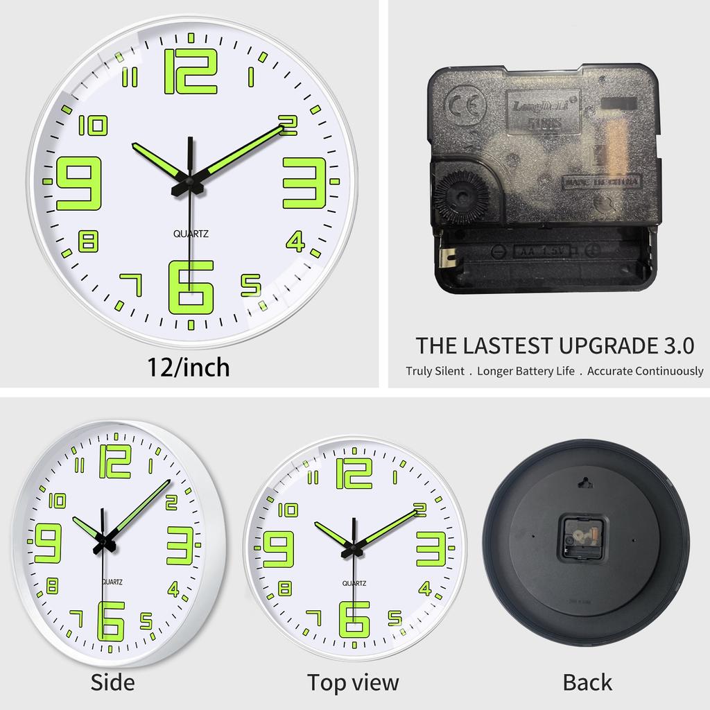 Modern Luminous Plastic Glass Wall Clock, 8-16 Inch Modern Round Silent Luminous Wall Clock, Powered by AA Batteries, Suitable F
