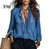 Tägliches Oberteil Damen Rüschen V-Ausschnitt Top, Einfarbig Lässig Langarm Pullover Shirt, Retro Falten Locker für Herbst Elegant