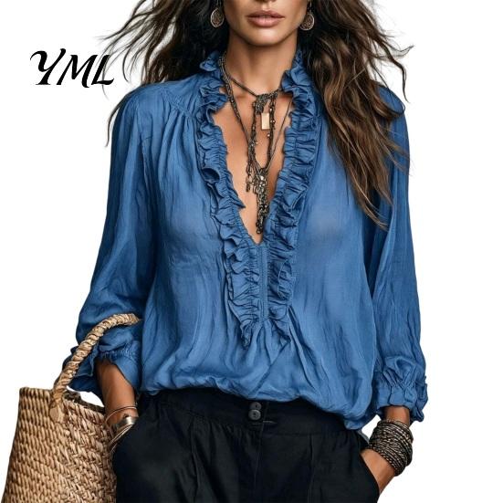 Tägliches Oberteil Damen Rüschen V-Ausschnitt Top, Einfarbig Lässig Langarm Pullover Shirt, Retro Falten Locker für Herbst Elegant