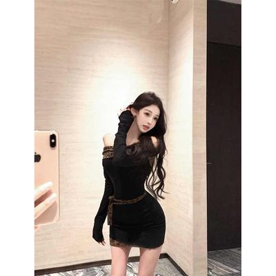 French-style Off-shoulder Leopard Print Patchwork Long-sleeve Dress for Women, New Spring Slimming Pencil Short Skirt