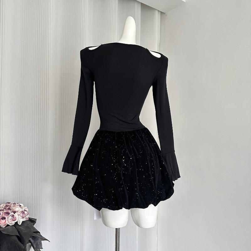 Autumn New Knitted Dress Women's Shoulder Long-sleeved Small Black Dress