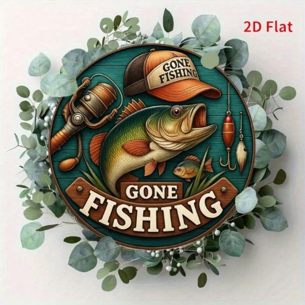 Vintage Fishing Metal Wall Decor Rustic Round 8x8 Inch Weathered Finish