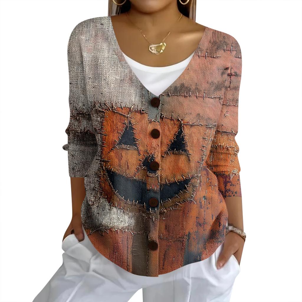 Women's Fashion Casual Knit Sweater Button-Up Halloween Printed  Cardigan Jacket