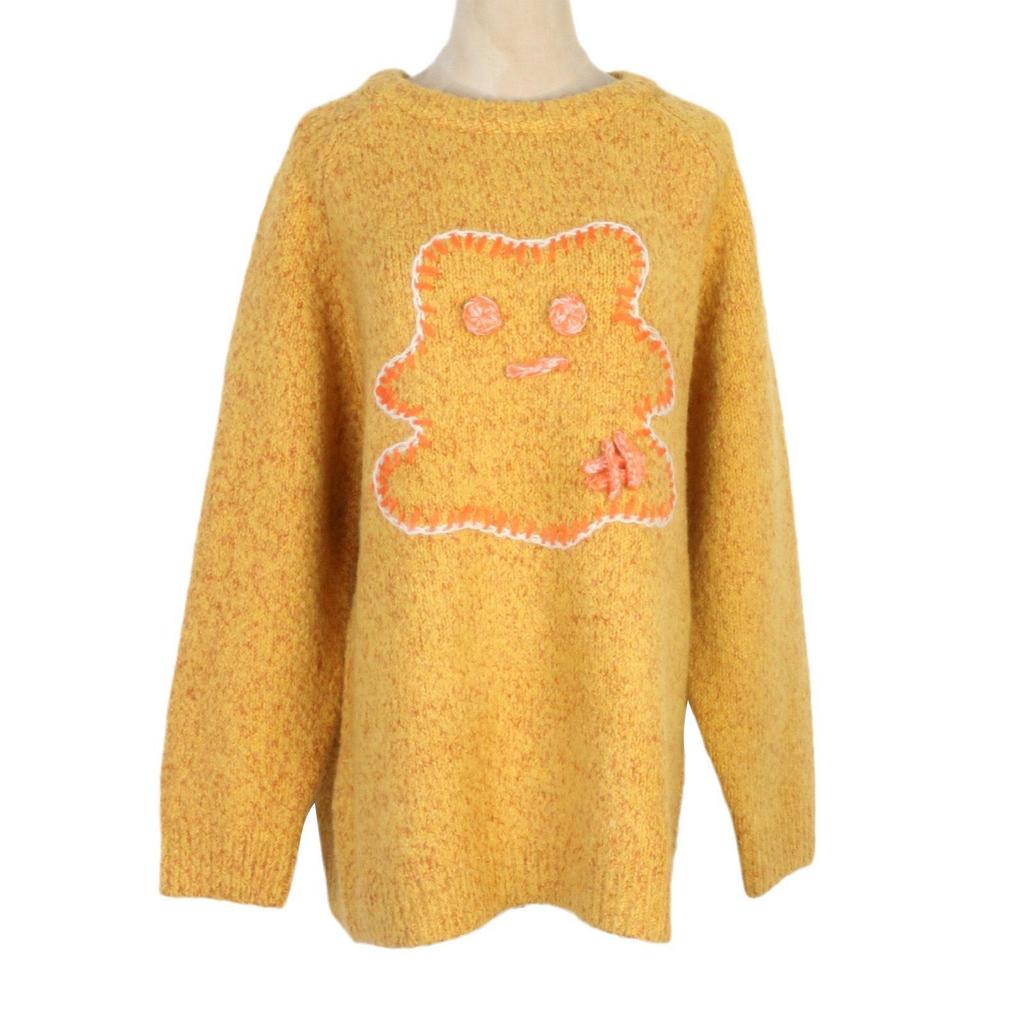 Color Block Cartoon Embroidered Knit Sweater - Women's Autumn/Winter Crew Neck Pullover with Long Sleeves