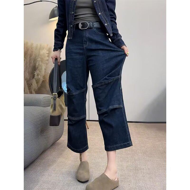 Women's Large Straight-Leg Jeans - Autumn/Winter 2024, Loose Fit, Slim Nine-Point Wide-Leg Style