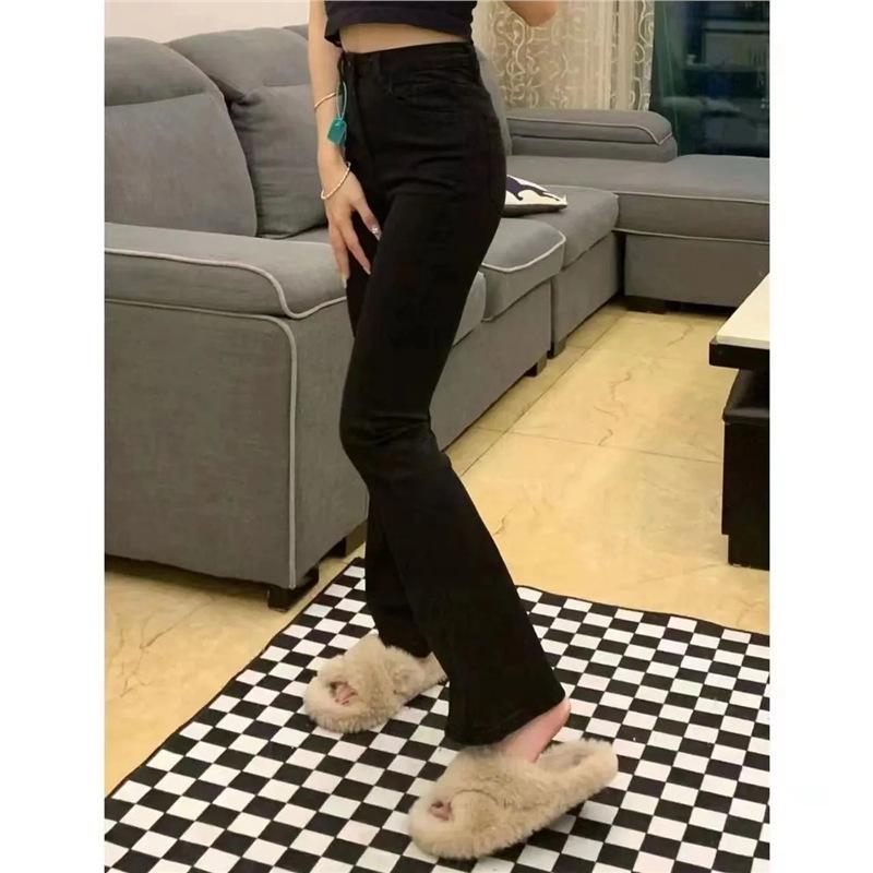Women's High-Waisted Black Stretchy Flared Jeans for Pear-Shaped Figures - Spring/Autumn Style, Slimming, Micro-Flare, Long Pants