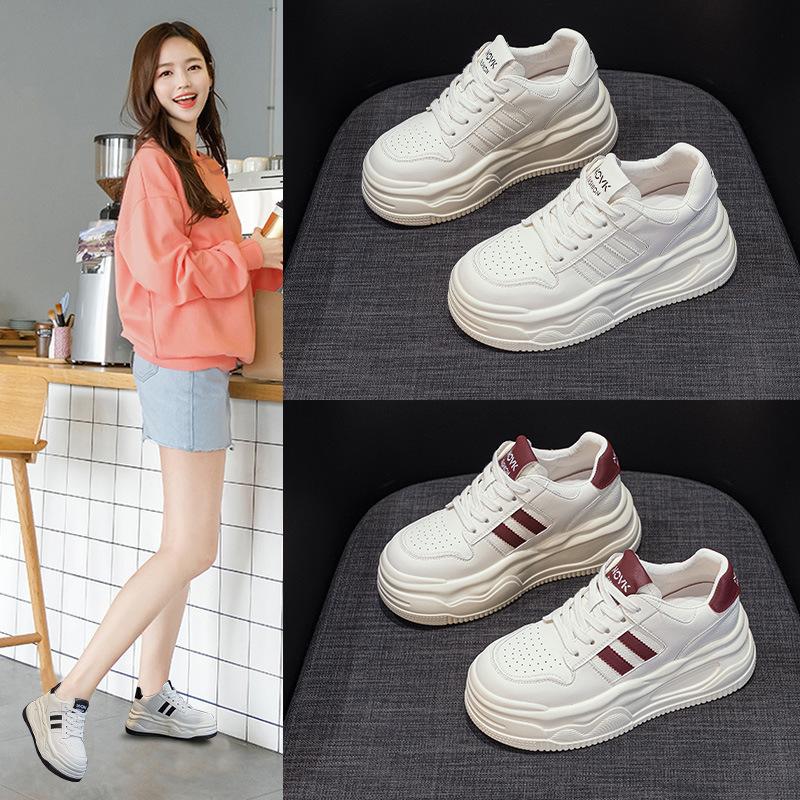 8.5CM inner height increase white shoes women's 2025 autumn new leather thick-soled small shallow mouth casual sports shoes