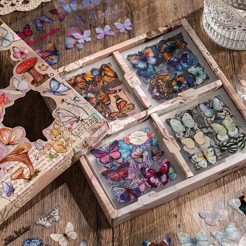 100 Sheets Vintage Butterfly Waterproof PET Journal Stickers, Self-Adhesive Reusable Shimmery Irregular Shaped Decals Stationery