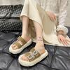 Internet celebrities popular rhinestone square buckle lamb fur fur integrated flat bottom cotton drag open toe casual warm fluffy slippers women