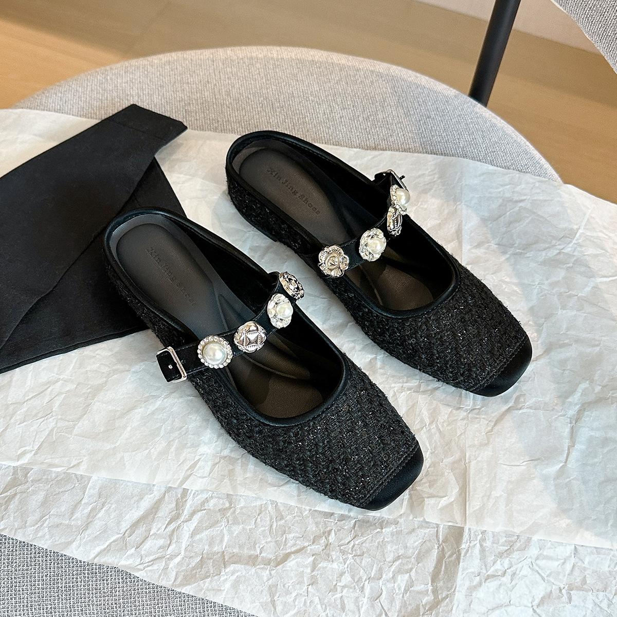 

796-9 Casual inner height increase fairy wind square head single shoes 25 new gentle small fragrant wind rhinestone buckle belt empty shoes 35 чёрный