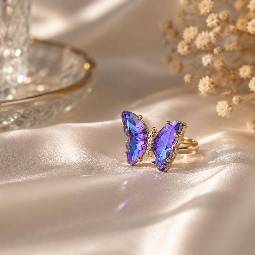 Crystal Gradient Butterfly Fashion Open Ring - European & American Style