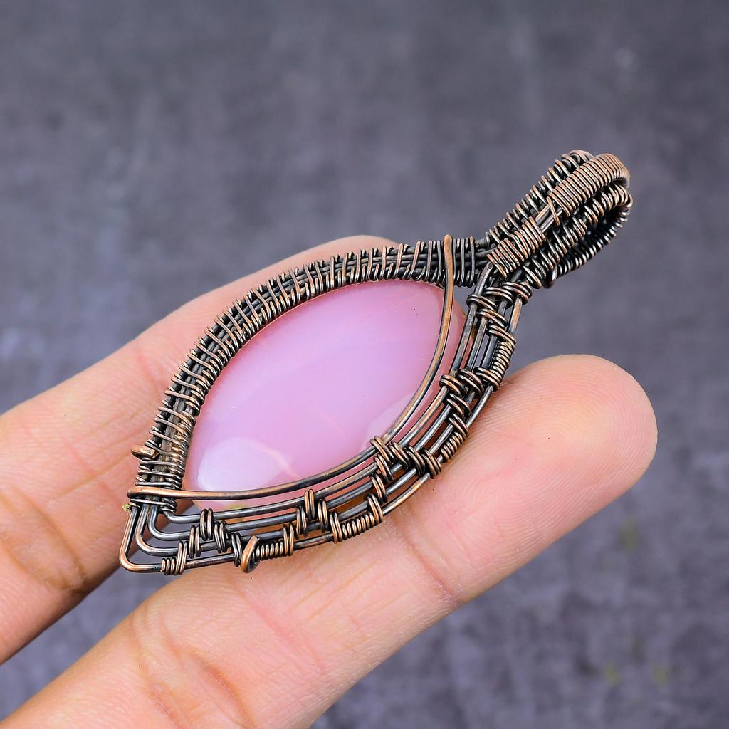 Natural Rose Quartz Gemstone Handmade Copper Wire Wrap Pendant Jewelry 2.8" A9L48