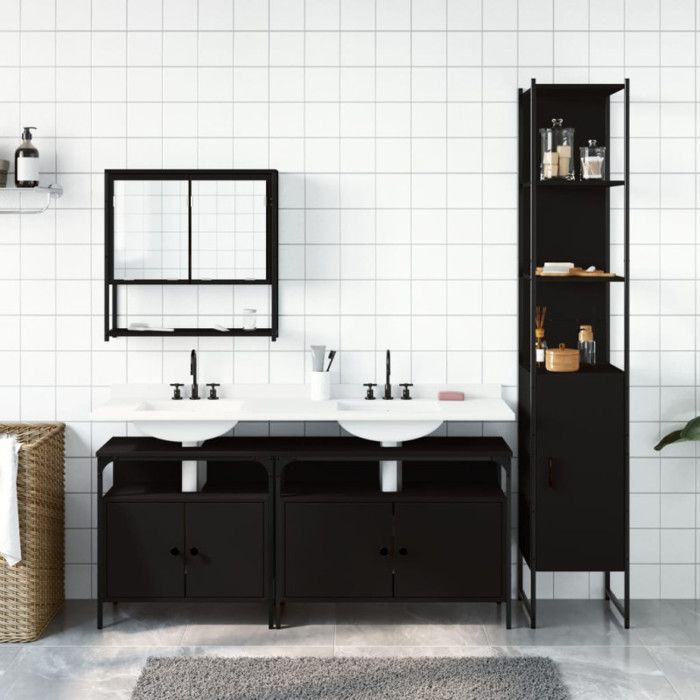 Ensemble de meubles de salle de bain - VIDAXL - 4 pcs - Noir - Bois d'ingénierie - Design contemporain