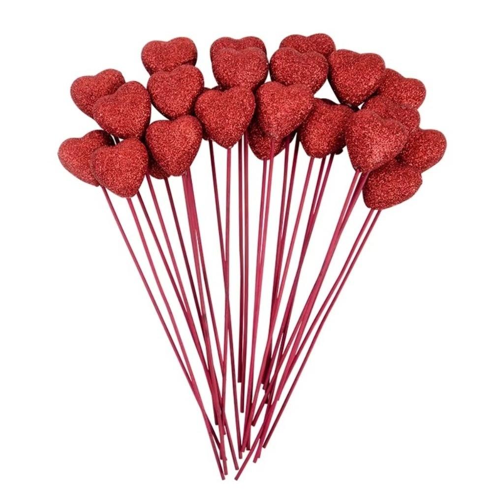 10pcs Reusable Glitter Hearts Stick Foam Flower Bouquet Red Heart Branch DIY Vase Pick Stick Wedding Accessory