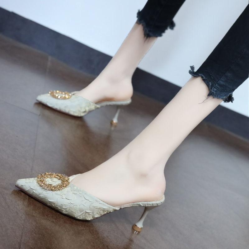 Fashion Women's Mules Slippers and Ladies Sandals Sexy Heeled Rhenstone Shoes Summer Sale Clappers Unique Non Slip Casual Pvc on Slides