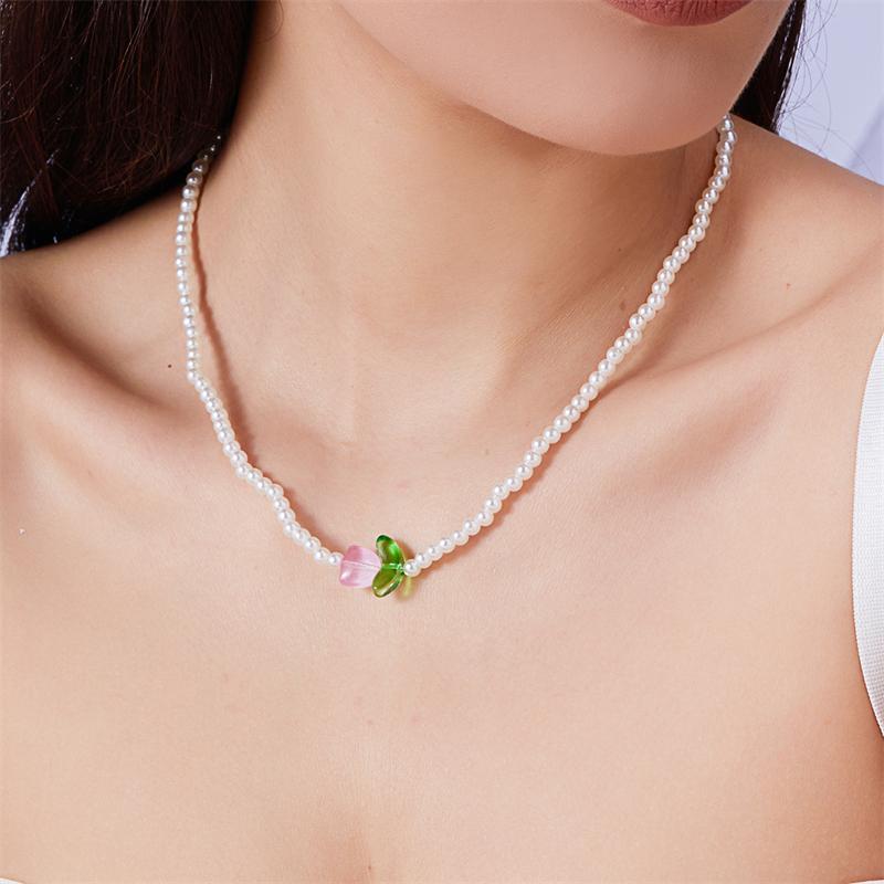 Delicate Tulip Imitation Pearl Choker Necklace for Women Girls Sweet Flower Green Leaves Necklace Wedding Party Jewelry Gift