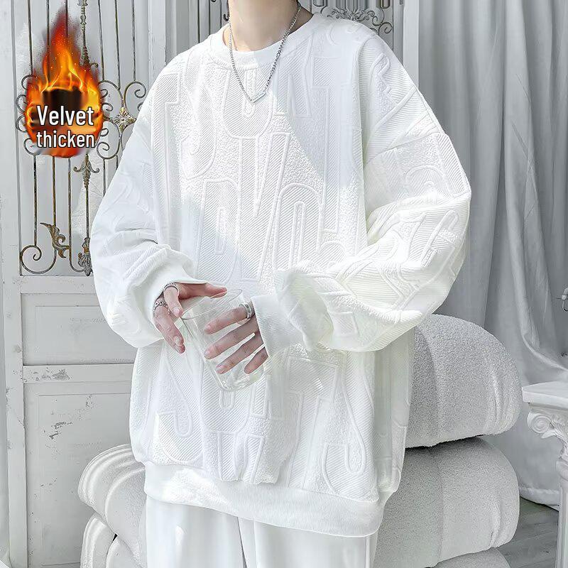 Men's Heavyweight Jacquard Round Neck Hoodie with Plus Velvet for Fall and Winter – Long Sleeve Inner Base Layer Style