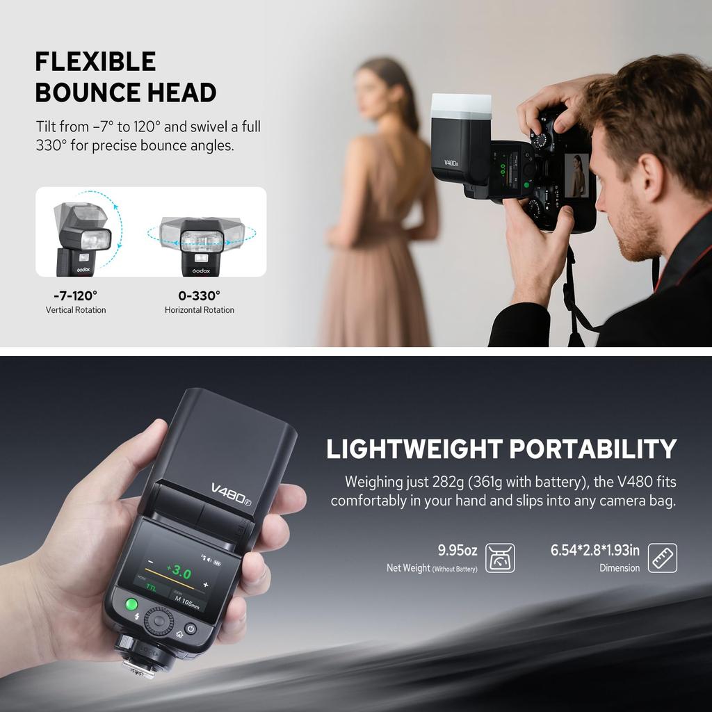 Godox V480-F Camera Flash for Fujifilm, TTL GN50, Touchscreen, 1.7 Second Recycle Time, 650 Full Power Flash, Built-in LED Modeling Lamp, 2.4G X Wirel