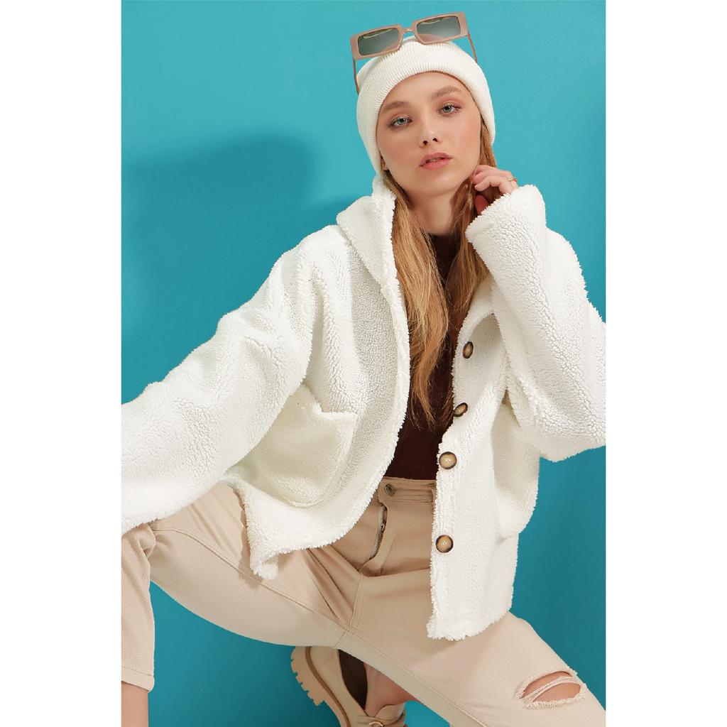 Palton de pluș cu buzunar dublu, bej, cu glugă, Alc-x9323