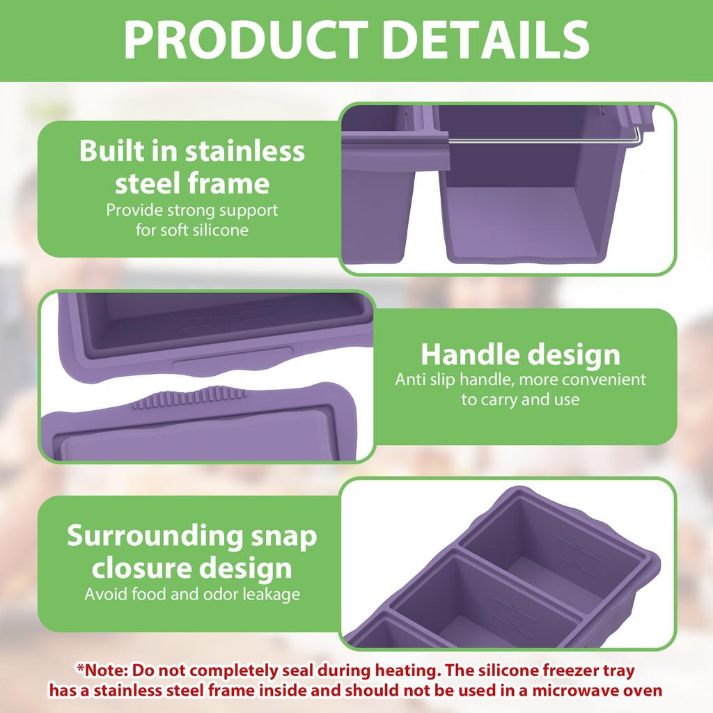 2Pcs Silicone Freezer Trays with Lid Leak-proof Sealed Soup Sauce Hot Pot Base Cube Mold Food Freezer Containers for Meal Prep