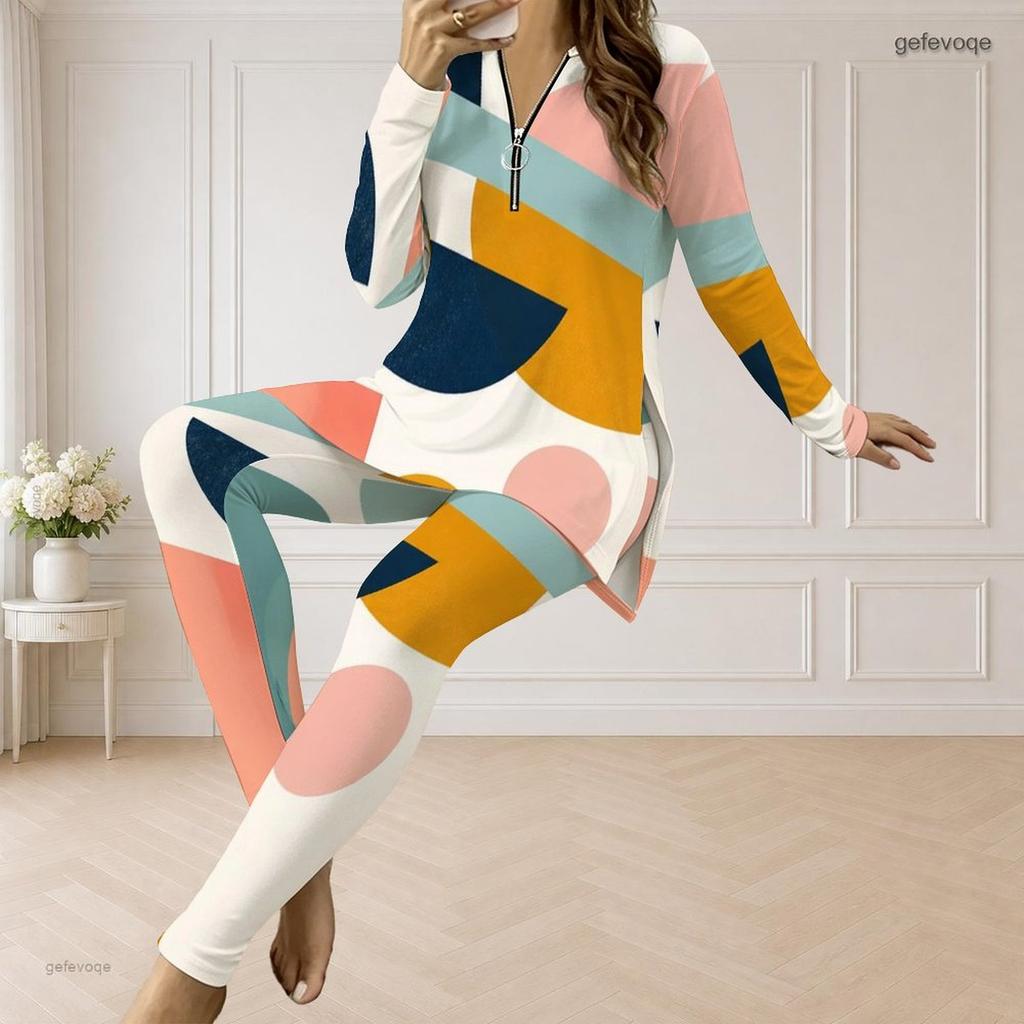 Women Plus Size Front Zip Long Sleeve Printed Longline Top Fitted Pants Two Piece Set