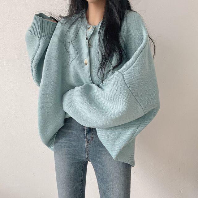Long Sleeve Loose Knit Cardigan - Women's Versatile Retro Sweater, Round Neck, Lazy Style for Spring & Autumn